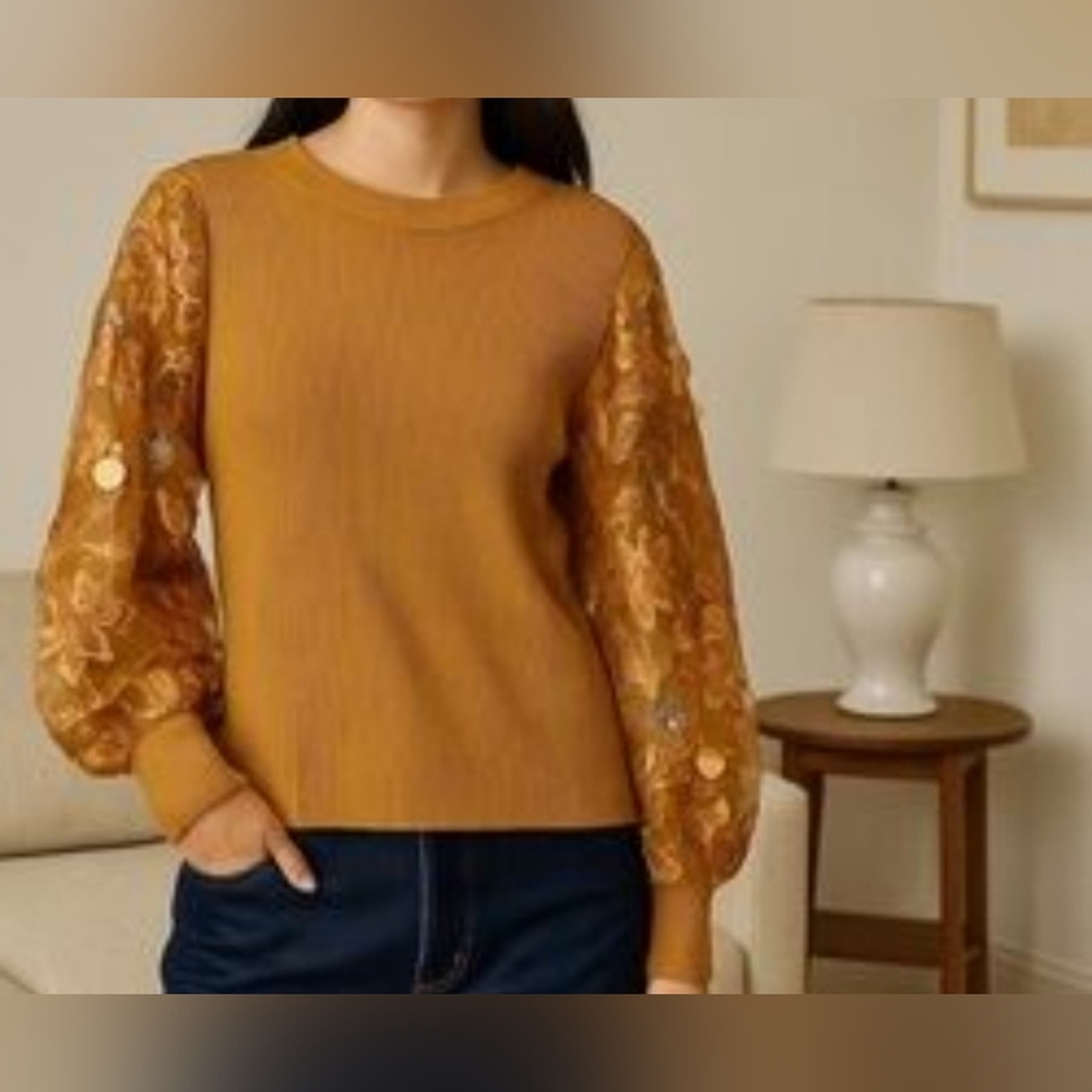 NWT!! SIONI,Brass Blouse with Floral Embroidered Lace Sleeves. Size L